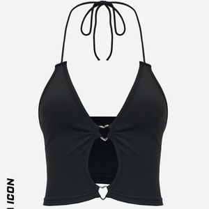 Heart Ring Linked Tie Backless Cut Out Crop Halter Top